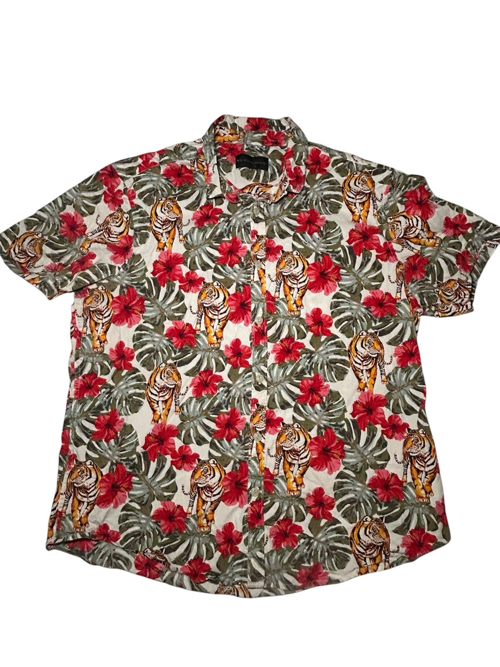 time & Tru Men's Short-Sleeve Tropical Tiger Print Button Down Shirt Wild Animal